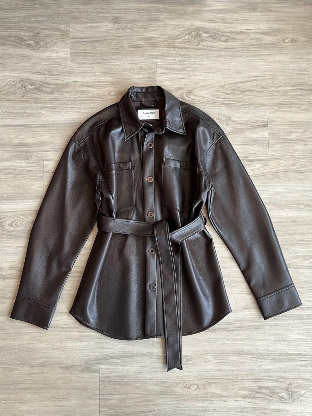 NWOT Aritzia Babaton Dark Brown Tie-Waist Belted Leather Jacket XS